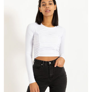 Missguided Fine Rib Ruched Front Long Sleeve Crop Top